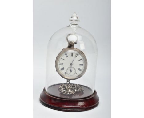 A VICTORIAN SILVER POCKET WATCH, ALBERT CHAIN AND VIEWING CASE, a white open face pocket watch, Roman numerals with a subsidi