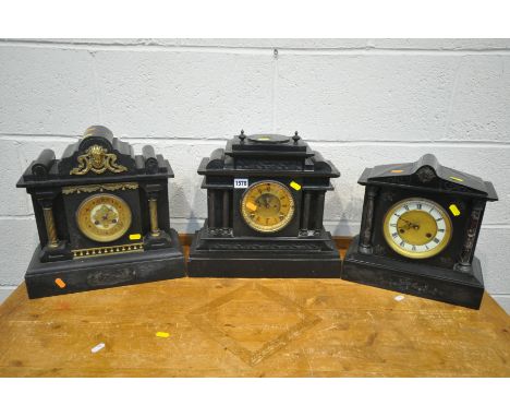 THREE VICTORIAN SLATE MANTLE CLOCKS (condition:-centre clock in image slightly slitting in two pieces, right clock with repla