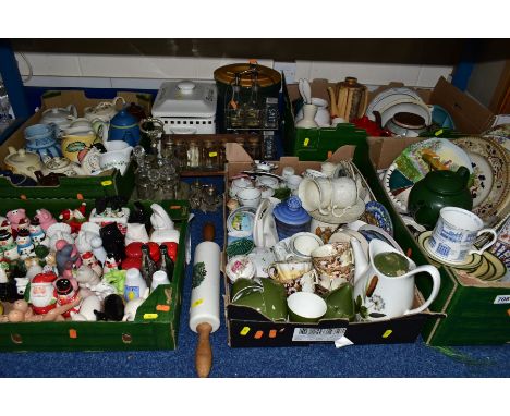 FIVE BOXES AND LOOSE CERAMICS AND GLASS ETC, to include Midwinter 'Riverside' tea wares, two Belleek cups and saucers with bl