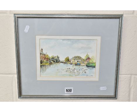 JONATHAN POMROY (BRITISH CONTEMPORARY), a pen and watercolour sketch of swans and ducks on a canal, signed and dated 1992 bot