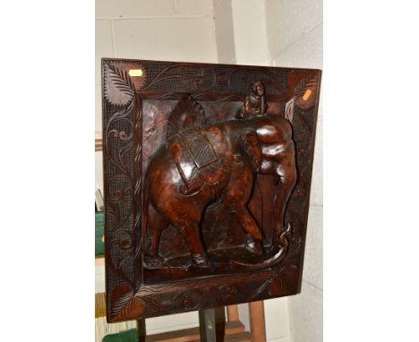 A BOX AND LOOSE TREEN, to include a deeply carved Asian elephant panel with foliate border, measuring 55.5cm x 37cm, depth ap