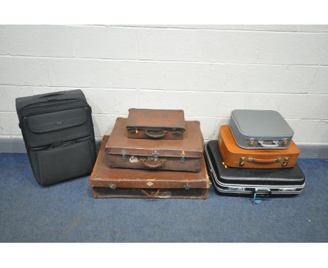 SEVEN VARIOUS SUITCASES, include three brown vintage suitcases, and a Mak's suitcase