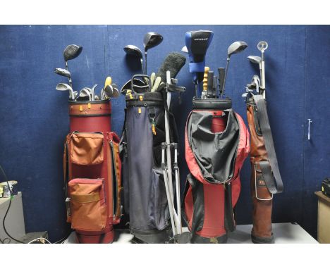 A SELECTION OF GOLFING EQUIPMENT to include six golf bags containing various clubs, Taylormade R7 superquad, a RAM FXti 1, KN