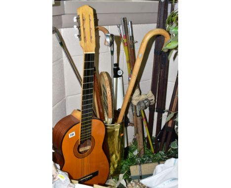 LOOSE SUNDRY ITEMS ETC, comprising an unbranded six string acoustic guitar, two Pro Simmon golf clubs - No4 and No6, unbrande