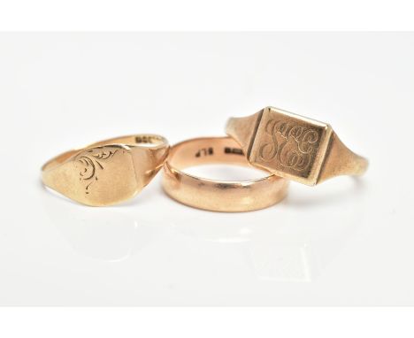 THREE RINGS, the first a signet ring with engraved scrolling initials and personal engraving, stamped 9ct, ring size V, the s