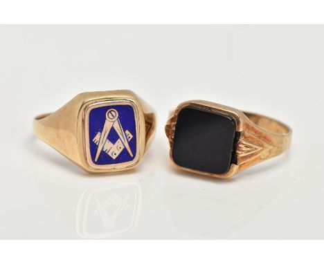 TWO 9CT GOLD SIGNET RINGS, a square onyx panel set in a yellow gold square mount, featuring a chevron pattern to the tapered 