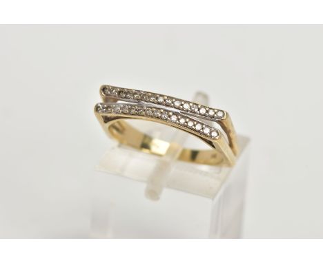 A 9CT GOLD DIAMOND RING, designed with two slightly curved rows of channel set single cut diamonds, bifurcated square shoulde