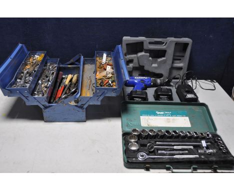 TWO TOOLBOXES containing various hand tools spanners, ratchets, screwdrivers, allen keys and a boxed KOBE drill/driver batter
