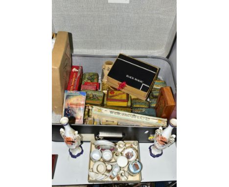 A SUITCASE, A BOX AND LOOSE VINTAGE PACKAGING, CERAMICS, GAMES AND SUNDRY ITEMS, to include a pair of bud vases with scrollin