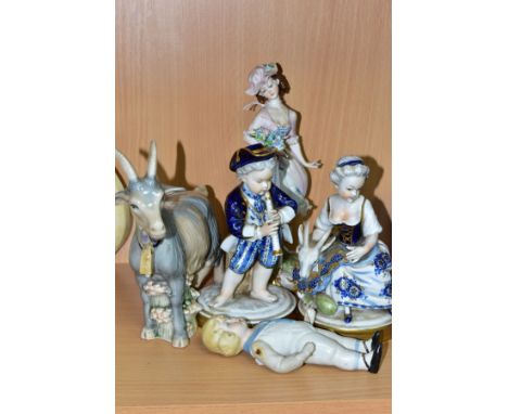 THREE CONTINENTAL CERAMIC FIGURINES, A GOAT FIGURE AND A BISQUE DOLL, comprising two Unter Weiss Bach figurines, a boy playin