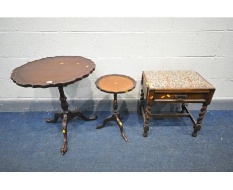 A REPRODUCTION CIRCULAR WAVY TILT TOP OCCASSIONAL TABLE on tripod splayed legs together with another occasional table and an 