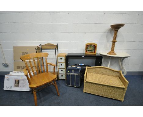 A QUANTITY OF OCCASSIONAL FURNITURE to include an ebonised side table (missing shelf), cream painted bombe console table, tea