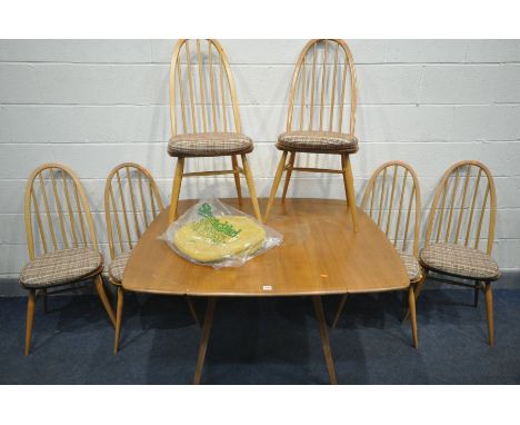 AN ERCOL WINDSOR BLONDE ELM DROP LEAF DINING TABLE, model 492, open length 125cm x closed length 63cm x depth 113cm x height 