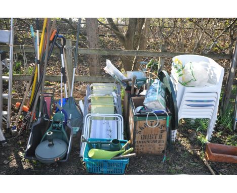 A LARGE SELECTION OF GARDEN MISCELLANEOUS, to include eight plastic staking garden armchairs, two wooden crates containing va