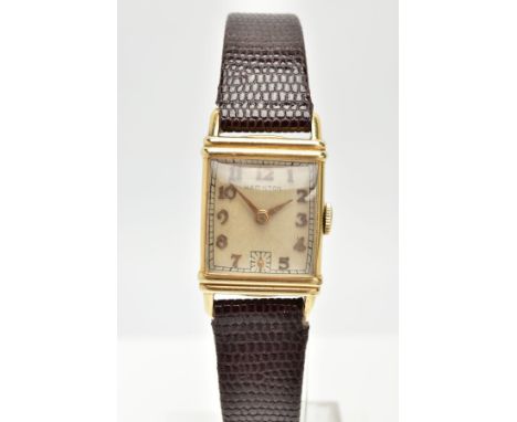 A 14K GOLD FILLED 'HAMILTON' WRISTWATCH, hand wound movement, square champagne dial signed 'Hamilton', Arabic numerals, secon