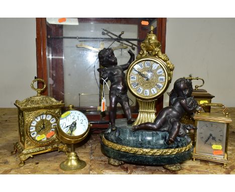 A 20TH CENTURY ITALIAN FIGURAL BRONZE, MARBLE AND BRASS MANTEL CLOCK, Roman numerals, eight day Franz Hermle movement with be