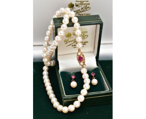 A STRAND OF CULTURED PEARLS AND PAIR OF CULTURED PEARL EARRINGS, sixty five white pearls, each measuring approximately 6mm, f