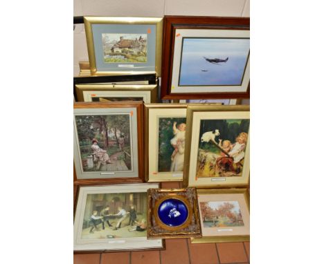 TWO PLASTIC TUBS OF FRAMED PRINTS ETC, the subjects are mostly copies of well known paintings from the late 19th / early 20th