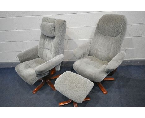 TWO SIMILAR GREEN DRAYLON UPHOSTERED RECLINING ARMCHAIRS, and a matching pouffe (3)