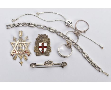 A BAG OF ASSORTED WHITE METAL ITEMS, to include a silver 'Steward' fob medal pendant, worn red enamel detail, fitted with a s