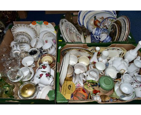 THREE BOXES OF CERAMICS, GLASS AND METALWARES, to include two Royal Albert Old Country Roses tea plates (seconds), a twenty p