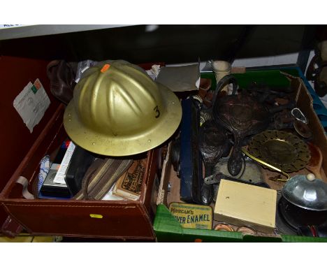 TWO BOXES AND LOOSE SUNDRY ITEMS ETC, to include seventeen assorted vintage golf clubs, two silver napkin holders, American c