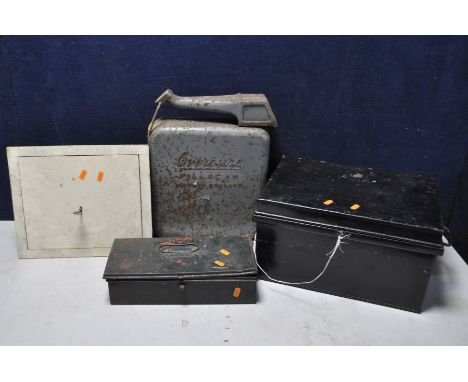 A METAL DEED BOX along with a unbranded safe and a small metal toolbox containing varius spanners and a vintage Eversure petr