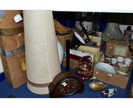 SIX BOXES AND LOOSE LAMPS, BOOKS, PICTURES, CERAMICS AND SUNDRY ITEMS, to include a copper spirit kettle on burner stand, a r