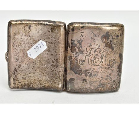 A SILVER CIGARETTE CASE, of a curved rectangular form, engraved initials 'AEH, 9th June 1913', fitted with a push button clas