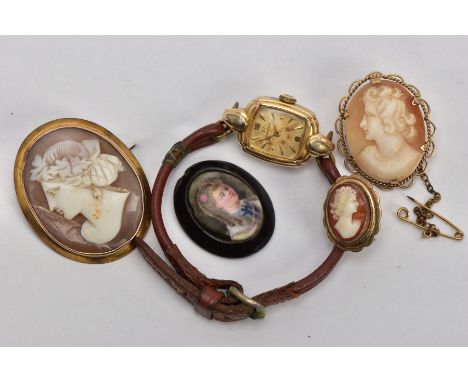 TWO CAMEO BROOCHES, JET PENDANT AND AN OMEGA WATCH, a cameo brooch, depicting a lady in profile, set in a yellow gold mount o