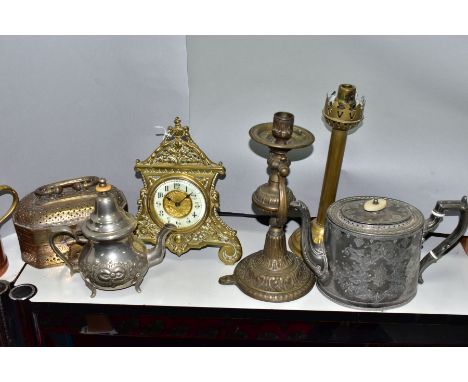 SEVEN ITEMS OF METALWARE, comprising an easel backed cast brass mantel clock, gilt metal and enamel dial, height 22.5cm, a 20