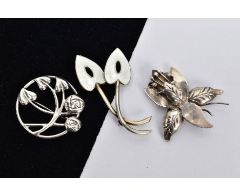 THREE SILVER BROOCHES, the first a circular open work floral brooch, hallmarked 'HO' Edinburgh import possibly 1952, fitted w