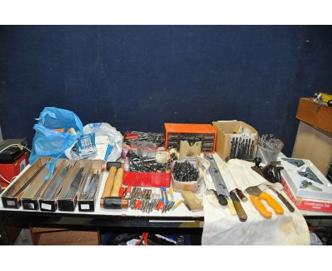 A BOX CONTAINING TOOLS AND HARDWARE including a boxed Kennedy Combination Square set, a large quantity of drill bits, milling