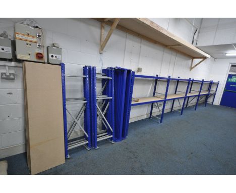 A QUANTITY OF HEAVY DUTY STEEL SHELVING/RACKING 445mm depth x 1500mm wide shelves x 1510mm high with 15 uprights, 44 shelf su