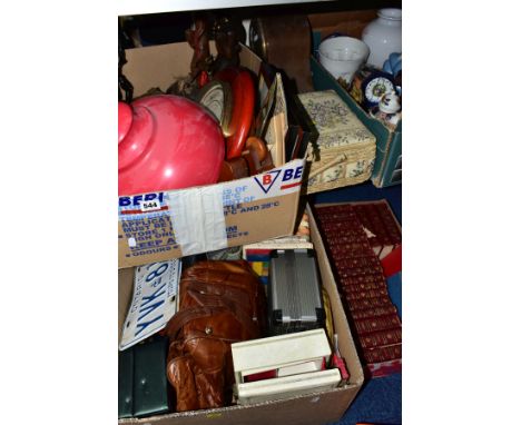 FOUR BOXES AND LOOSE CERAMICS, TREEN, BOOKS, BAGS, ETC, including African carvings, metal light shade, spinning fishing reels