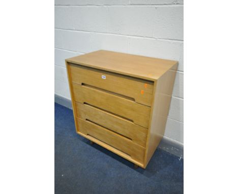 JOHN AND SYLVIA REID FOR STAG, A LIGHT OAK C RANGE CHEST OF FOUR DRAWERS, on cylindrical legs, labelled to left side of drawe