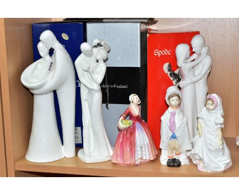 SIX FIGURES BY SPODE, ROYAL DOULTON AND ROYAL WORCESTER, comprising Spode 'Embrace'  by Pauline Shone with box, Royal Doulton