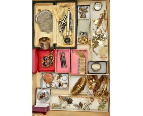 A BOX OF ASSORTED COSTUME JEWELLERY, to include a carnelian pin, a mother of pearl early 20th century watch head, a selection