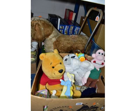 TWO BOXES AND LOOSE TOYS, GAMES AND PUZZLES, to include a Pedigree Toys ride on/push along dog, with steel frame (sd) and woo