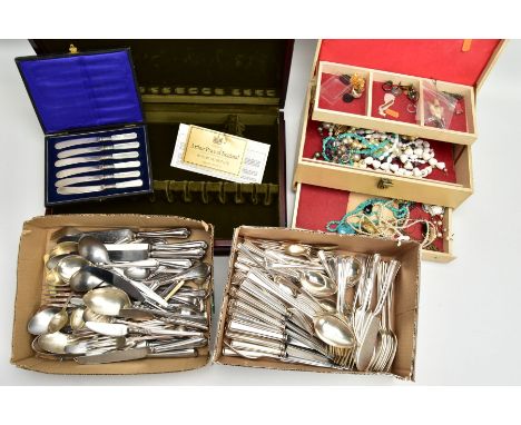 A JEWELLERY BOX WITH CONTENTS, A WOODEN CANTEEN BOX AND LOOSE CUTLERY, a cream multi storage jewellery box with contents of c