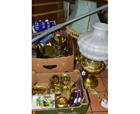 TWO BOXES AND LOOSE BRASS WARES AND SUNDRIES ETC, brass items include a oil lamp converted to electricity, table lamp, wateri