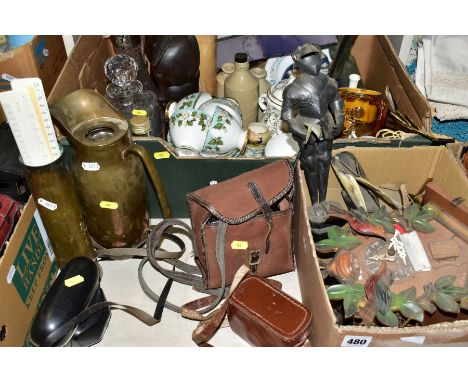 TWO BOXES AND LOOSE SUNDRY ITEMS etc to include Gladstone Montrose teawares, Edinburgh Crystal decanter etched with a golfer,