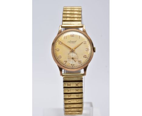 A GENTS 9CT GOLD 'ACCURIST' WRISTWATCH, hand wound movement, discoloured silver dial signed 'Accurist 21 jewels' Arabic numer