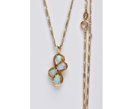 A MODERN FOUR STONE OPAL PENDANT, pendant stamped '14k', together with a Figaro link chain, measuring approximately 450mm in 