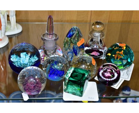 A GROUP OF GLASS SCENT BOTTLES AND PAPERWEIGHTS, to include Caithness 'Fuchsia' perfume bottle, height 10.5cm, with certifica