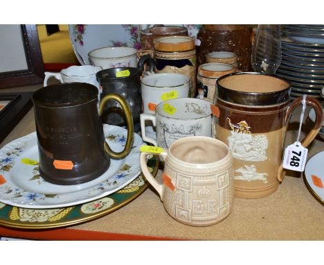 A SMALL QUANTITY OF CERAMICS AND METALWARES, including commemorative items, a Doulton Lambeth stoneware tankard with silver r