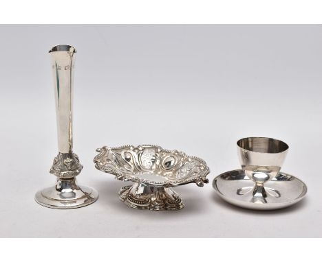 A SILVER EGG CUP, BONBON DISH AND A POSY VASE, the egg cup of a plain polished design fitted on a circular dish, hallmarked '