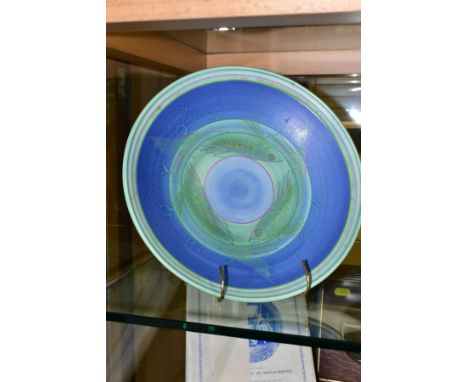 A POOLE STUDIO SALLY TUFFIN FISH PEDESTAL BOWL, hand painted with bands of blue and green with shells and swimming fish, prin
