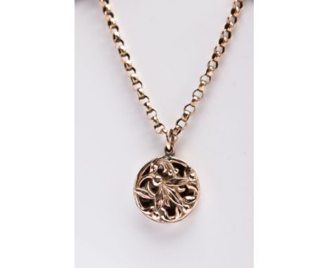 A ROSE GOLD OPENWORK LOCKET PENDANT NECKLET, the pendant of a circular form, openwork floral design, stamped '9ct', fitted wi