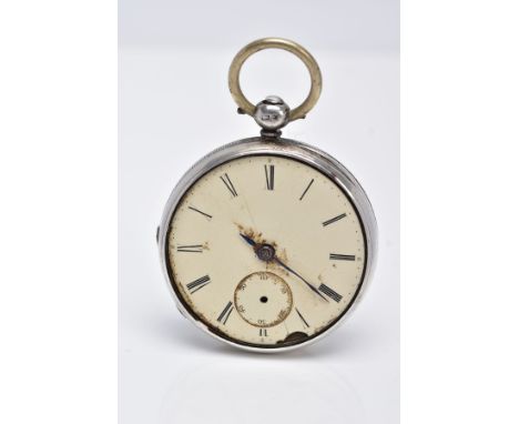 A SILVER OPEN FACED POCKET WATCH, AF, cream dial, Roman numerals, seconds subsidiary dial at the six o'clock position, missin